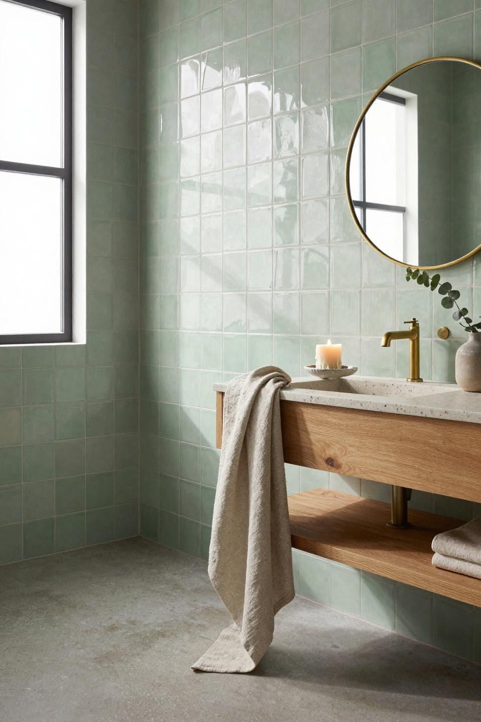 Sage Green Bathroom showcasing light zellige tile feature wall