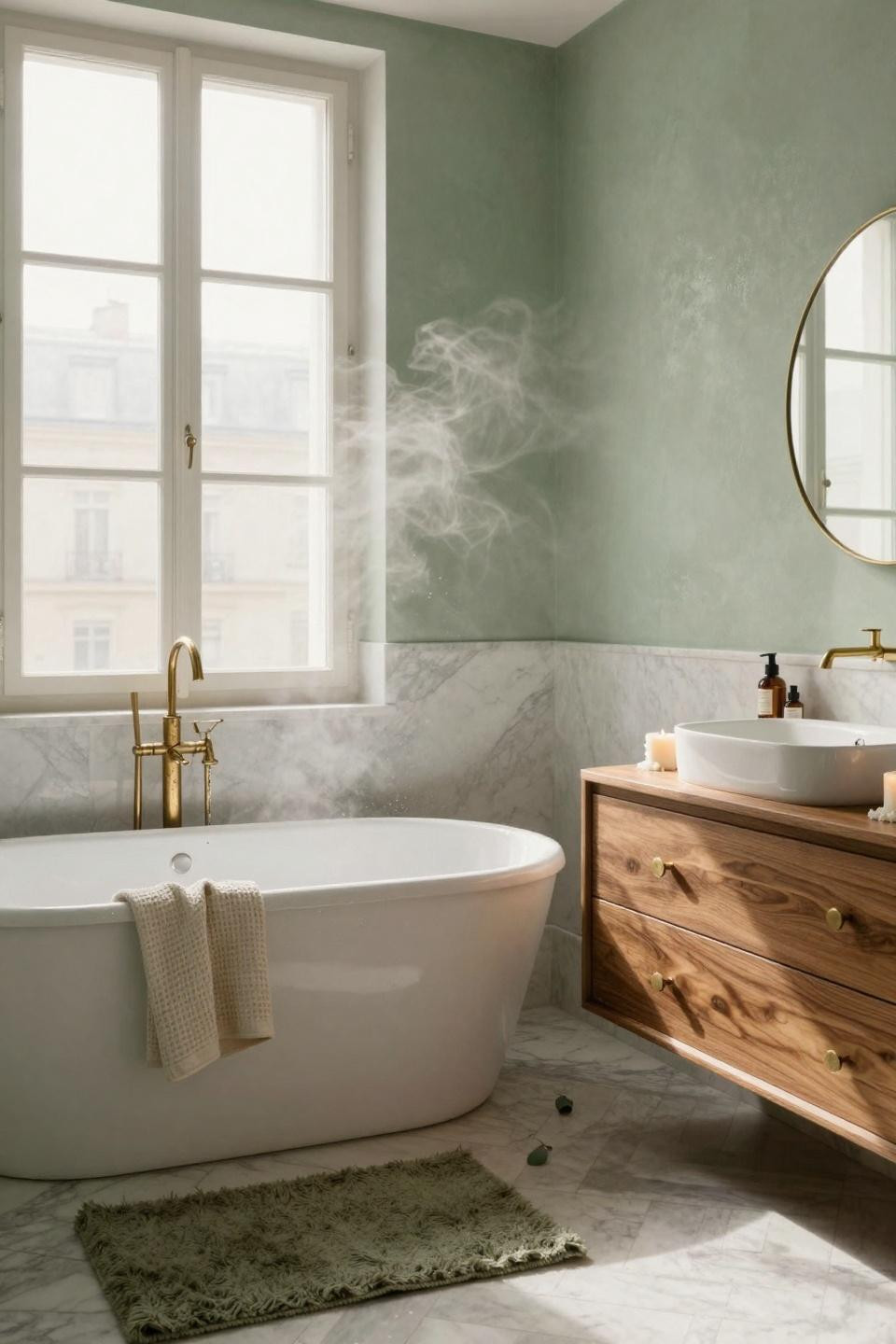 Sage Green Bathroom with elegant marble wainscoting detail