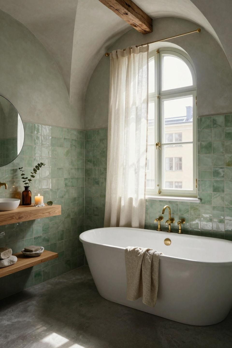 Sage Green Bathroom with floating oak shelves and decor