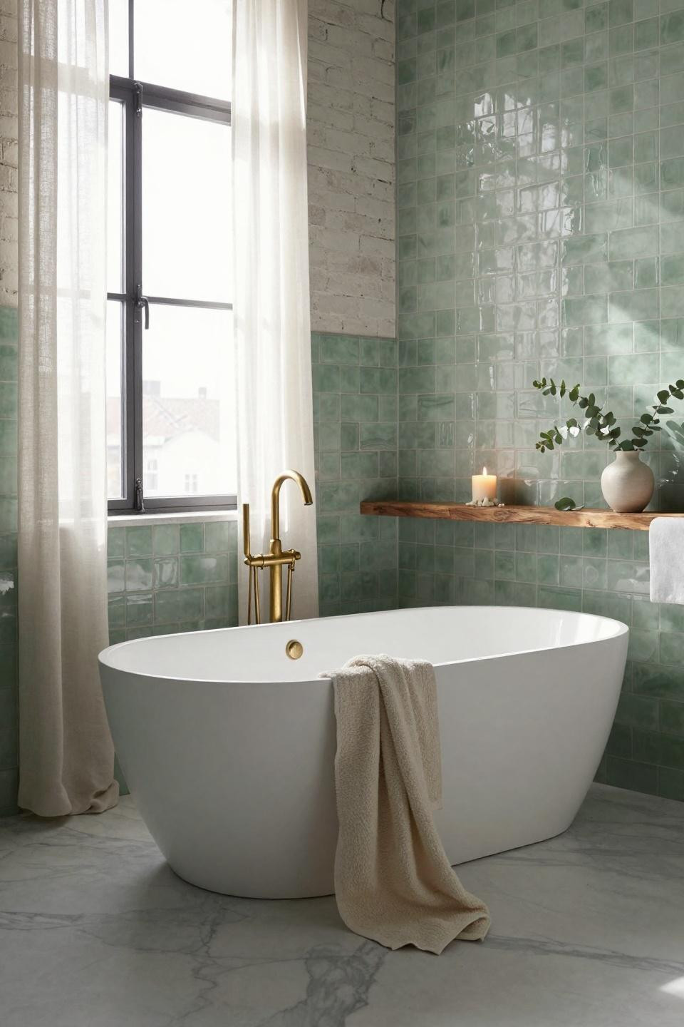 Sage Green Bathroom featuring airy layout with freestanding tub