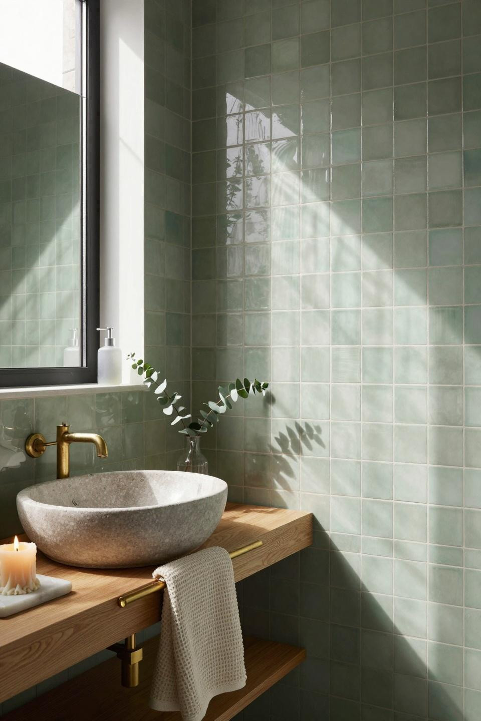 Sage Green Bathroom with full wall sage zellige tiles