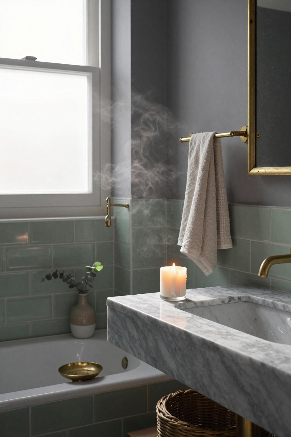 Sage Green Bathroom combining sage tiles with cool grey accents