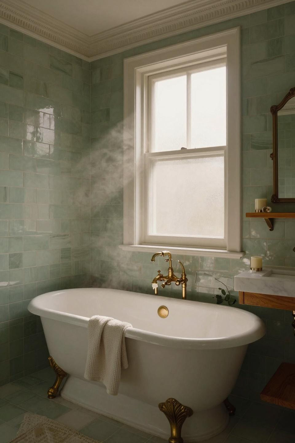 Sage Green Bathroom in Victorian style with clawfoot tub