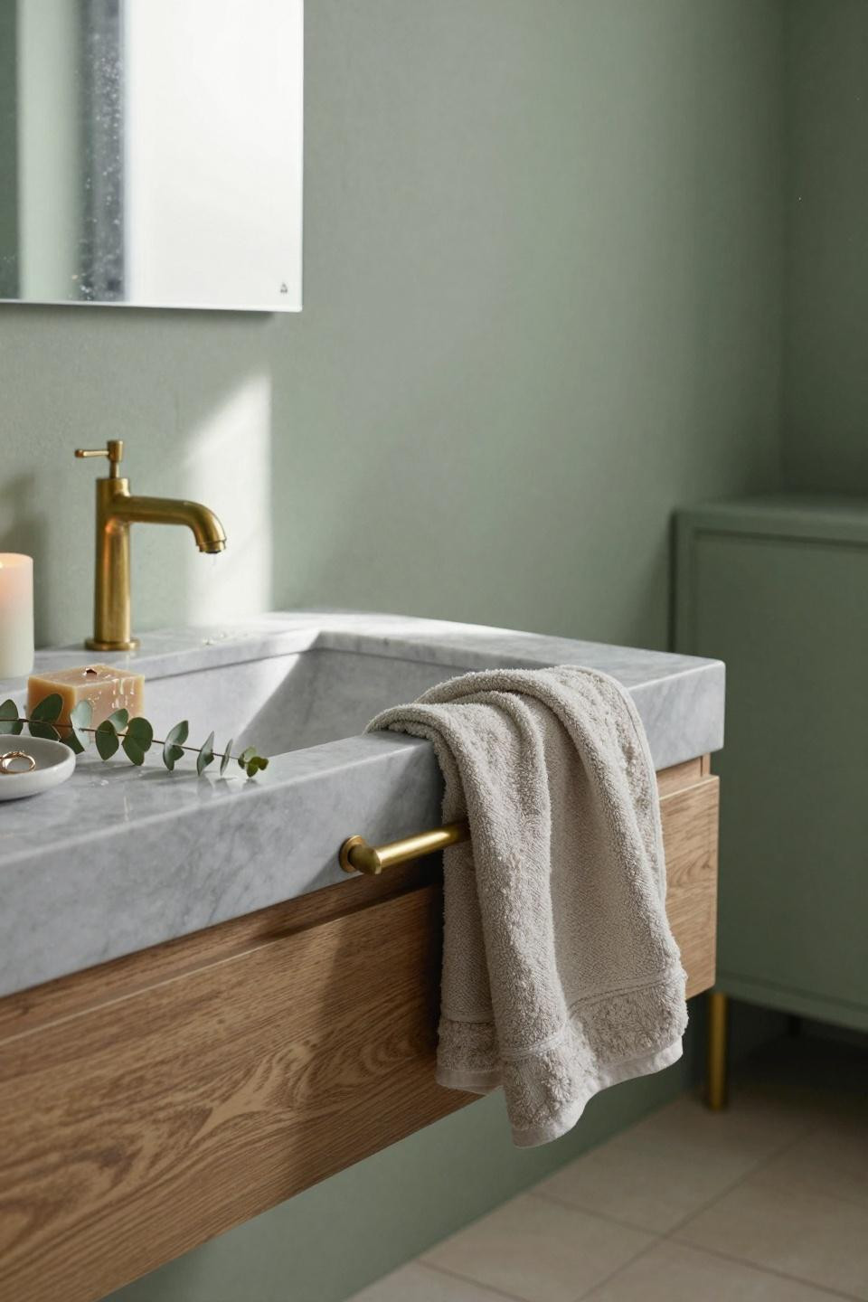 Sage Green Bathroom featuring minimalist sage tiles and warm oak