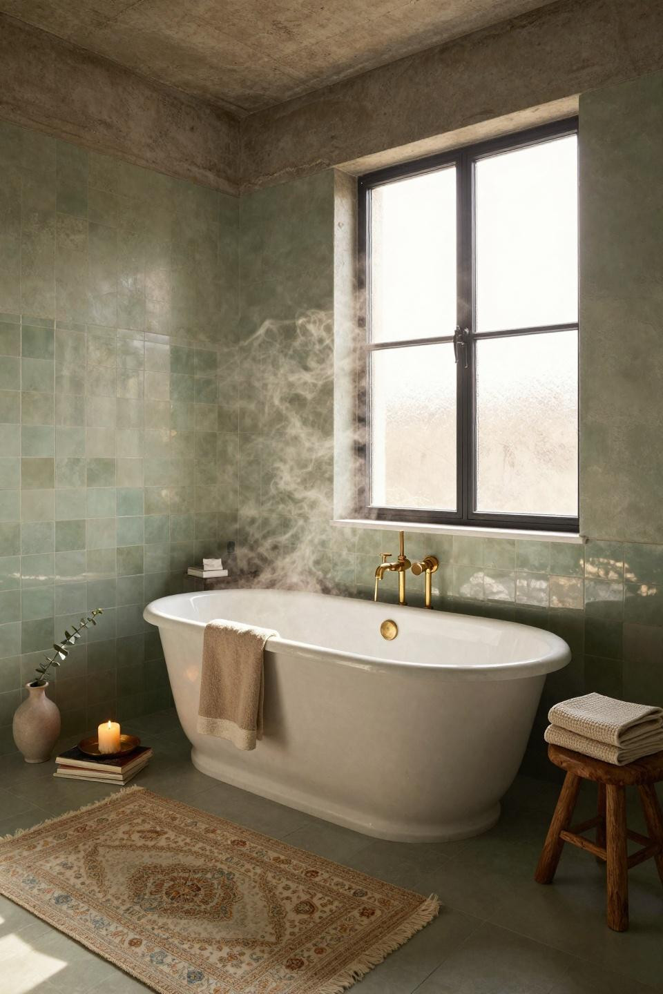 Sage Green Bathroom renovation featuring marble soaking tub
