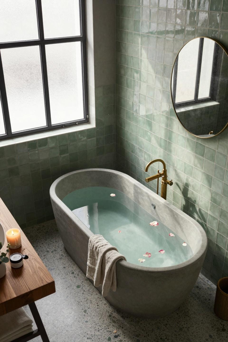 Sage Green Bathroom styled with rose petals and spa details