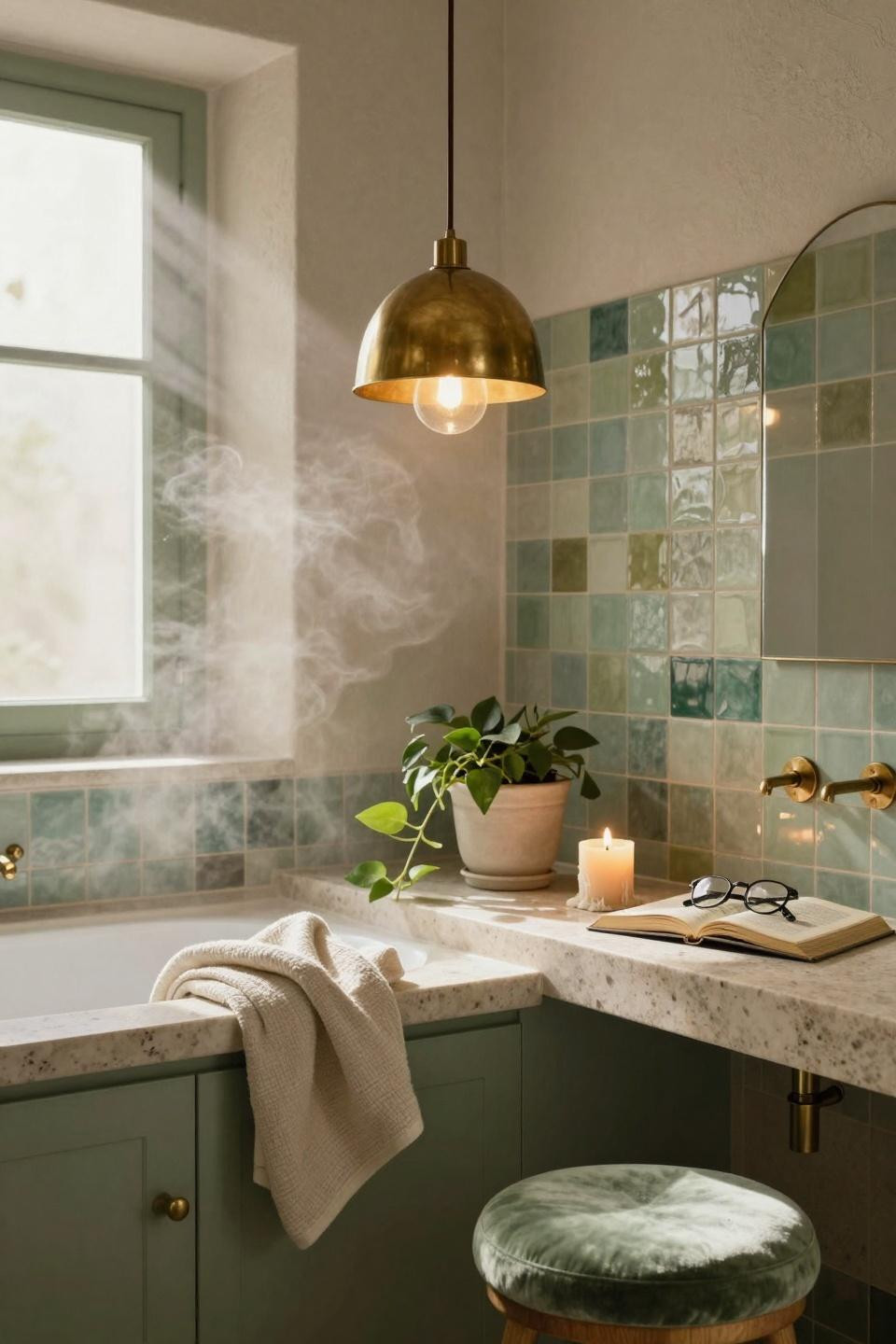 Sage Green Bathroom with dramatic brass pendant lighting