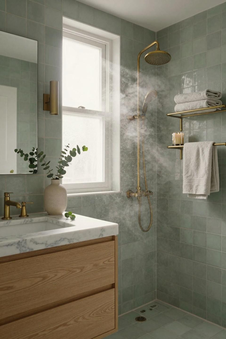 Sage Green Bathroom with European sophistication and oak vanity