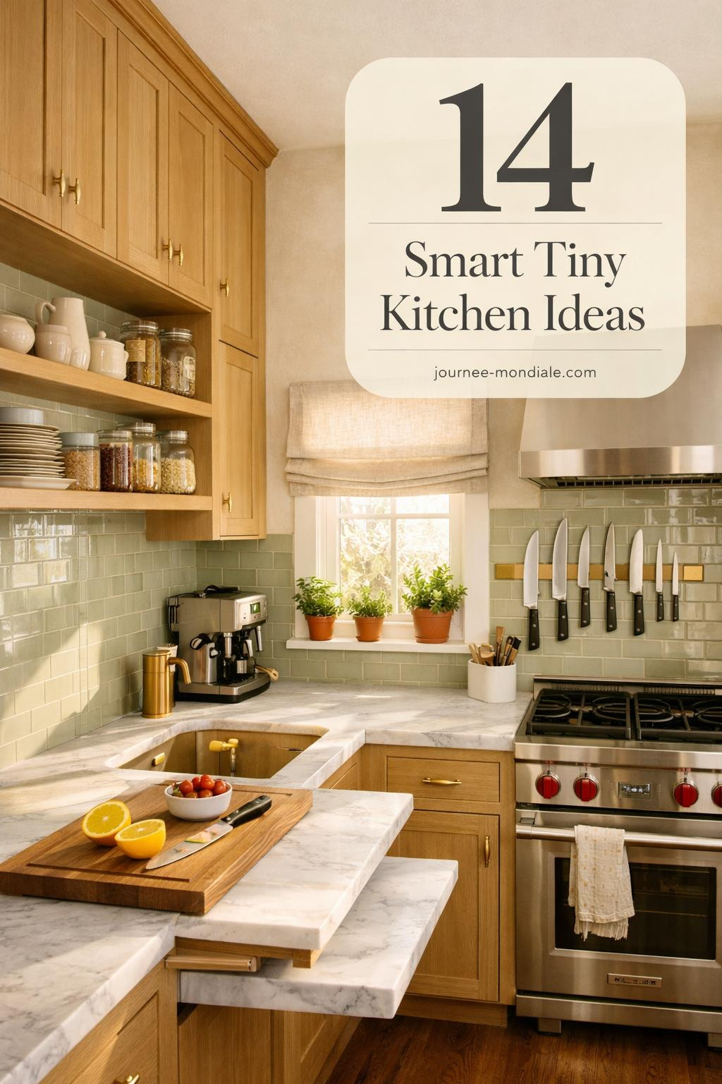Elevated tiny kitchen featuring white oak shaker cabinets to ceiling, honed Carrara marble countertops, sage subway tile backsplash, brass fixtures, open shelving with ceramics, fresh herbs on windowsill
