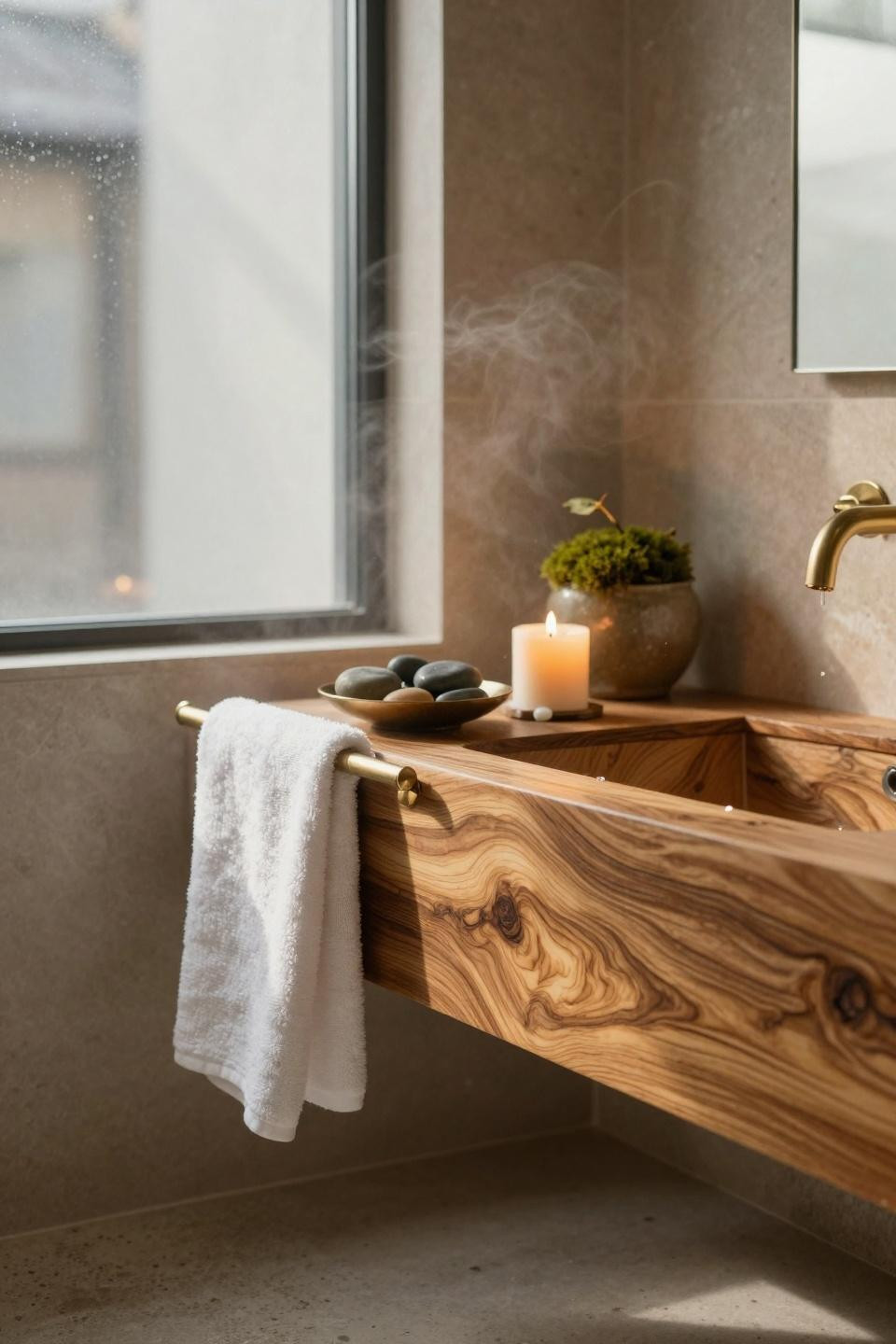 Spa home bathroom with teak vanity and bronze accents