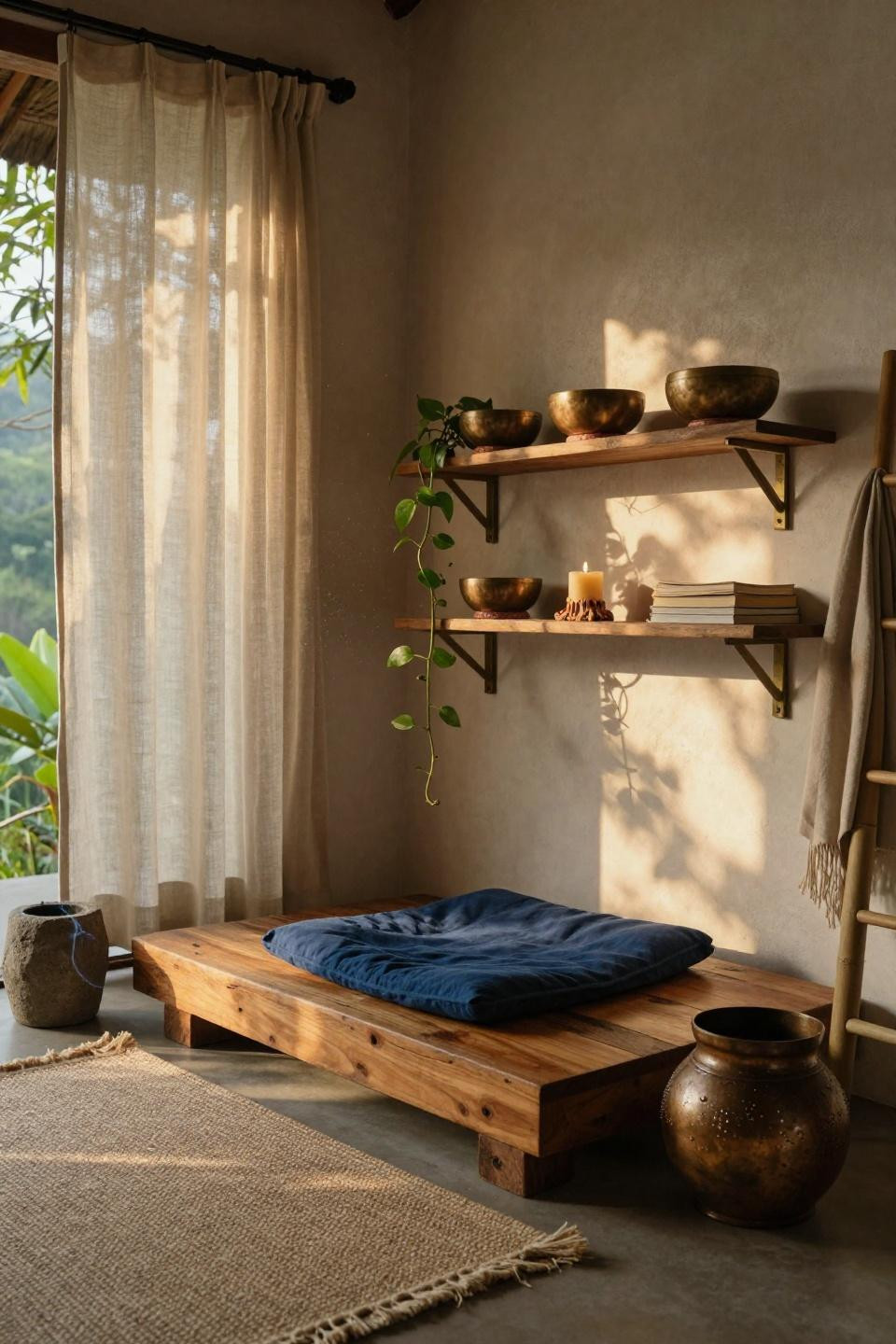 Small Meditation Space - floating brass shelves with indigo cushion