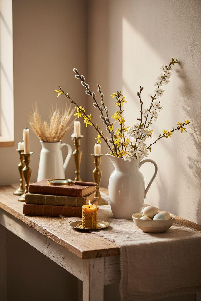 Spring Decorating Ideas For The Home - European entryway console with vintage candlesticks and spring branches