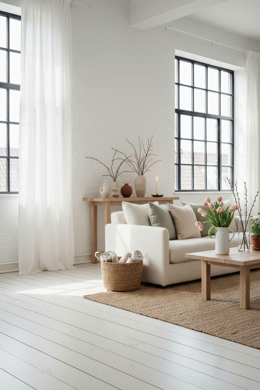 Spring Decorating Ideas For The Home - Scandinavian living room with white walls and fresh spring blooms