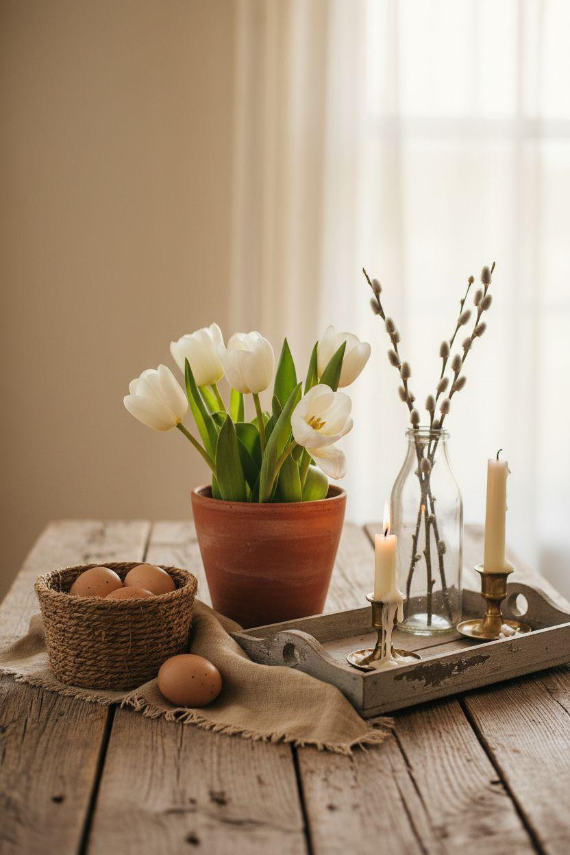 Spring Decorating Ideas For The Home - weathered wood vignette with white tulips and rustic accents