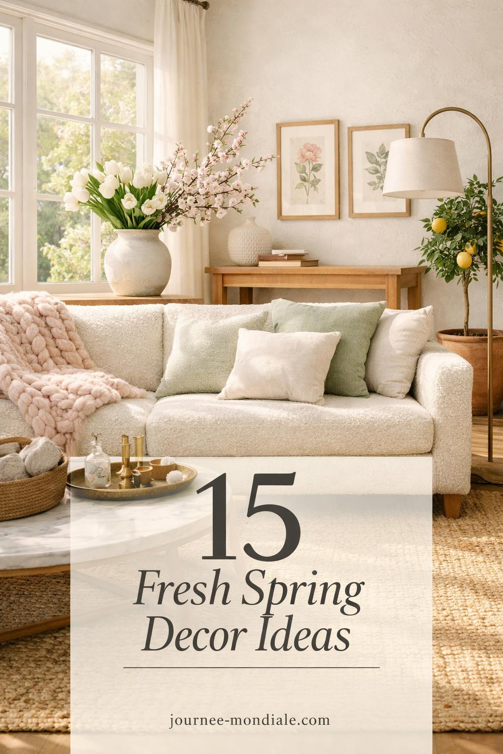 Bright living room with sage green accents, cream boucle sofa, white tulips, cherry blossoms, jute rug, and natural light