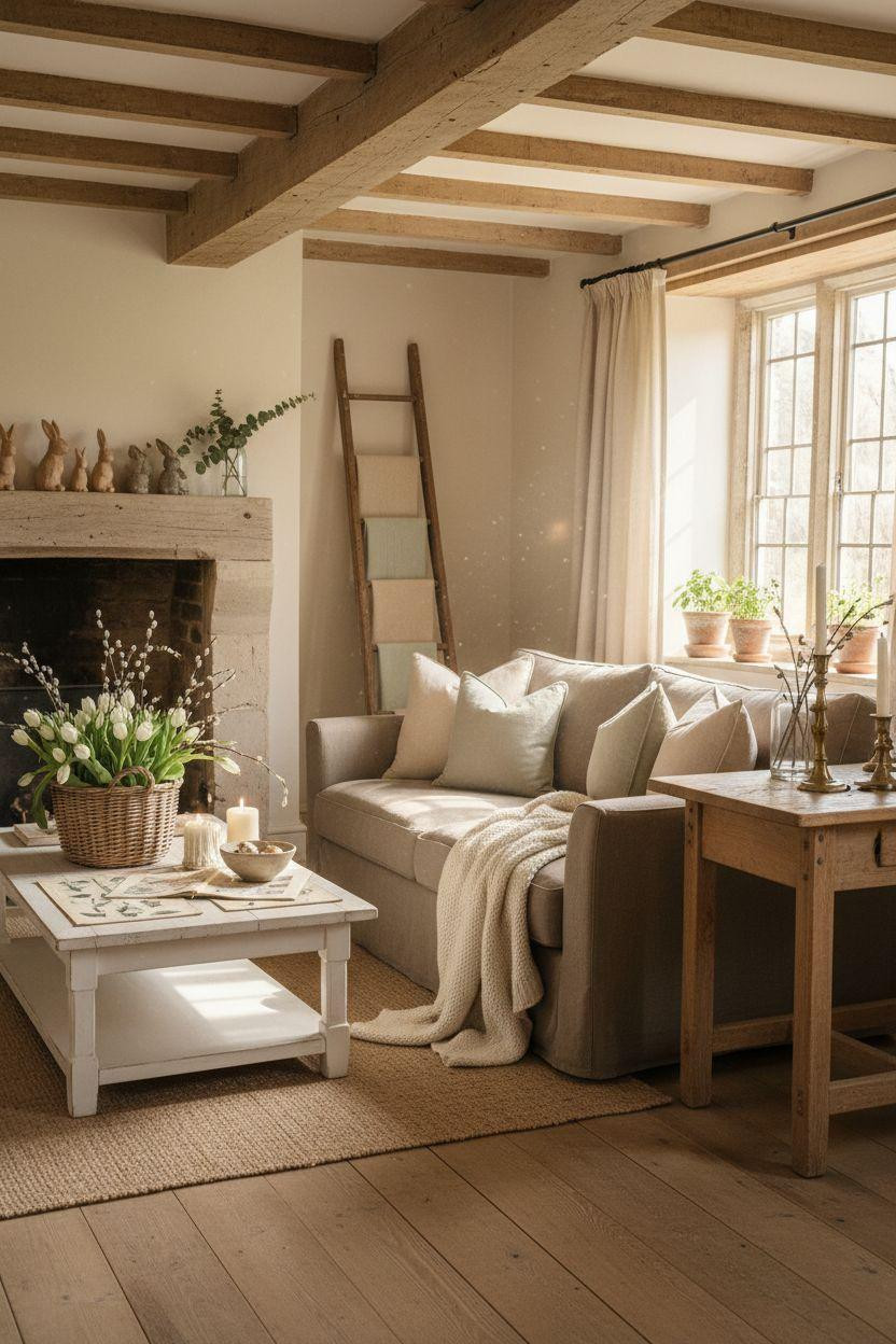 Spring Decorating Ideas For The Home - farmhouse living room with linen sofa and fresh spring styling