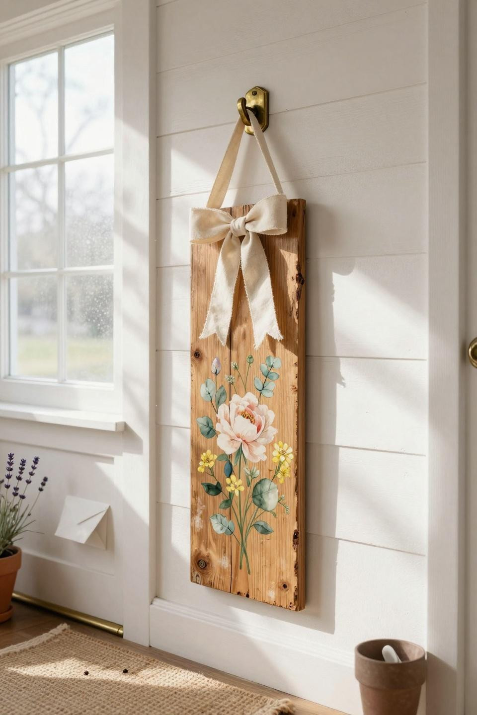spring door hangers - rustic wood hanger with hand-painted spring flowers