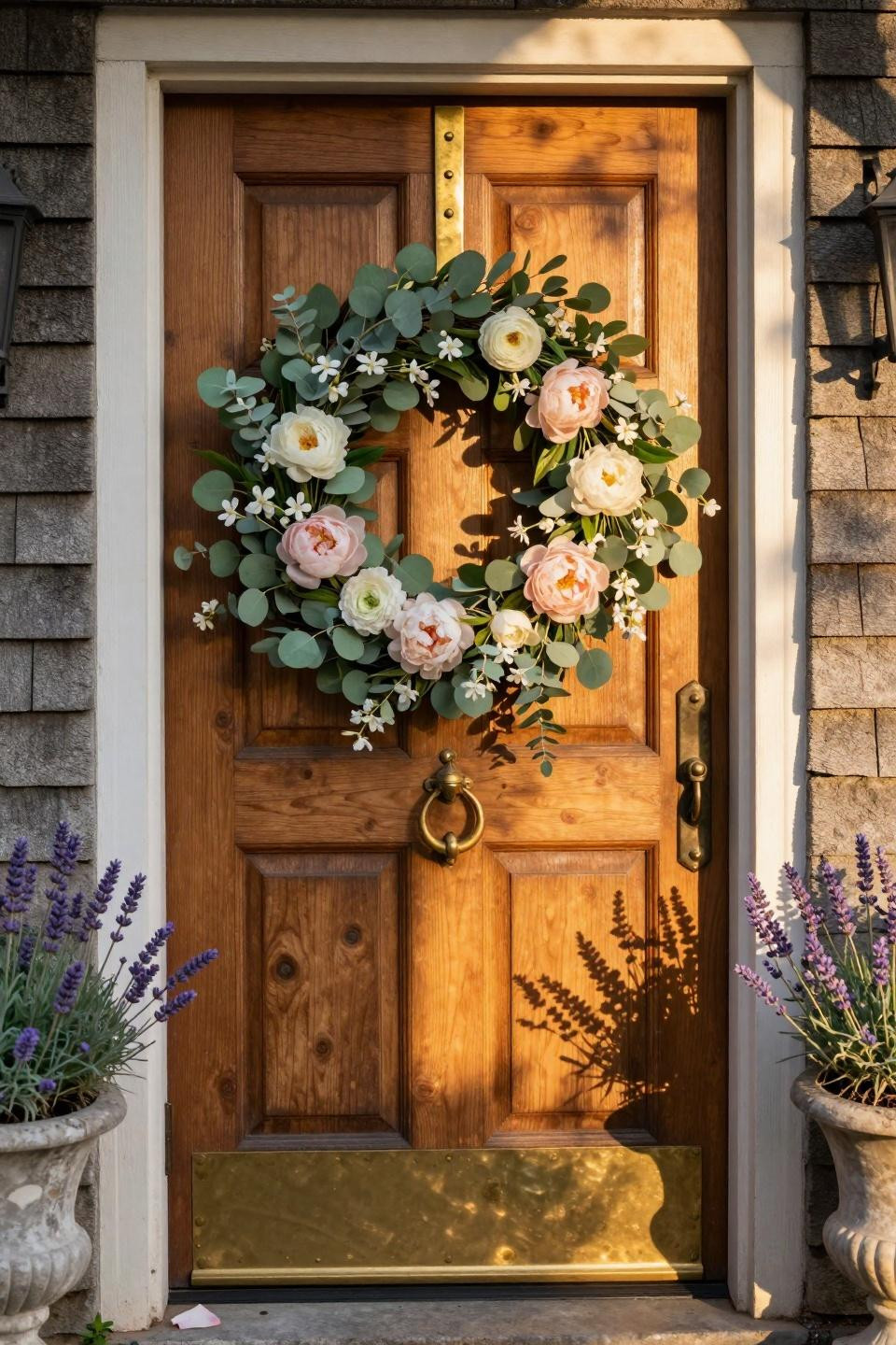 spring door hangers - honey oak door with brass hanger holding peony wreath