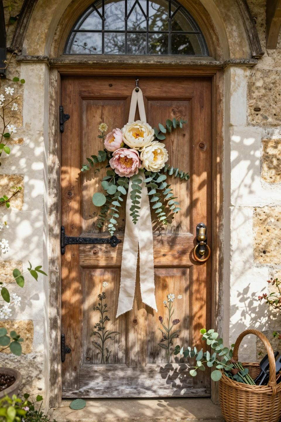 spring door hangers - reclaimed wood hanger with blush peonies on cottage door