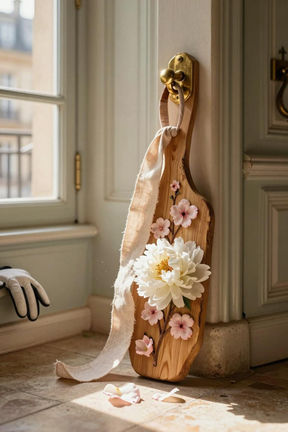 spring door hangers - close up of carved wood hanger with white peonies