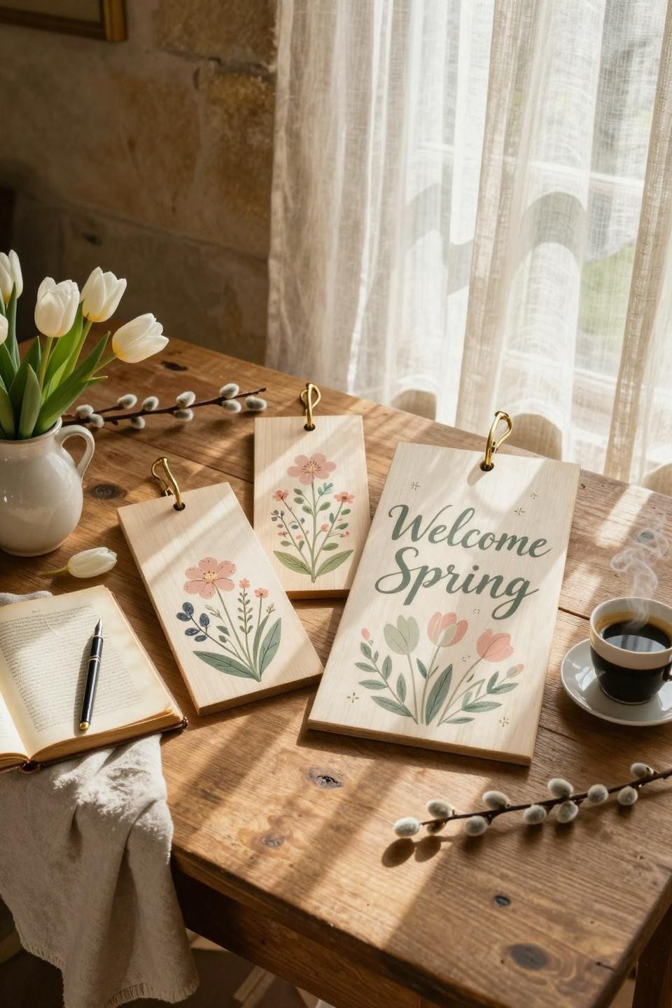 spring door hangers - collection of handcrafted Easter door hangers on table