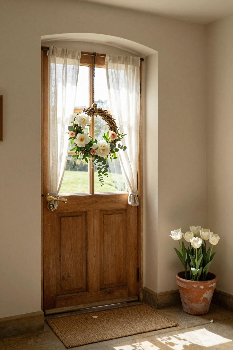 spring door hangers - natural oak door with brass hanger and white peonies