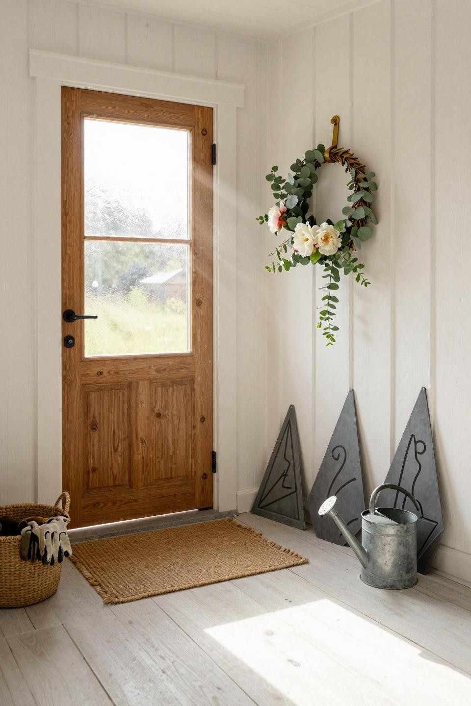 spring door hangers - white farmhouse door with brass hanger and spring wreath
