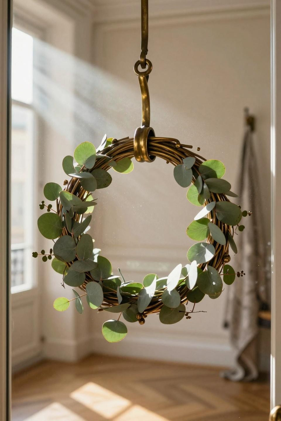 spring door hangers - brass wreath hanger with eucalyptus in sunlit entryway