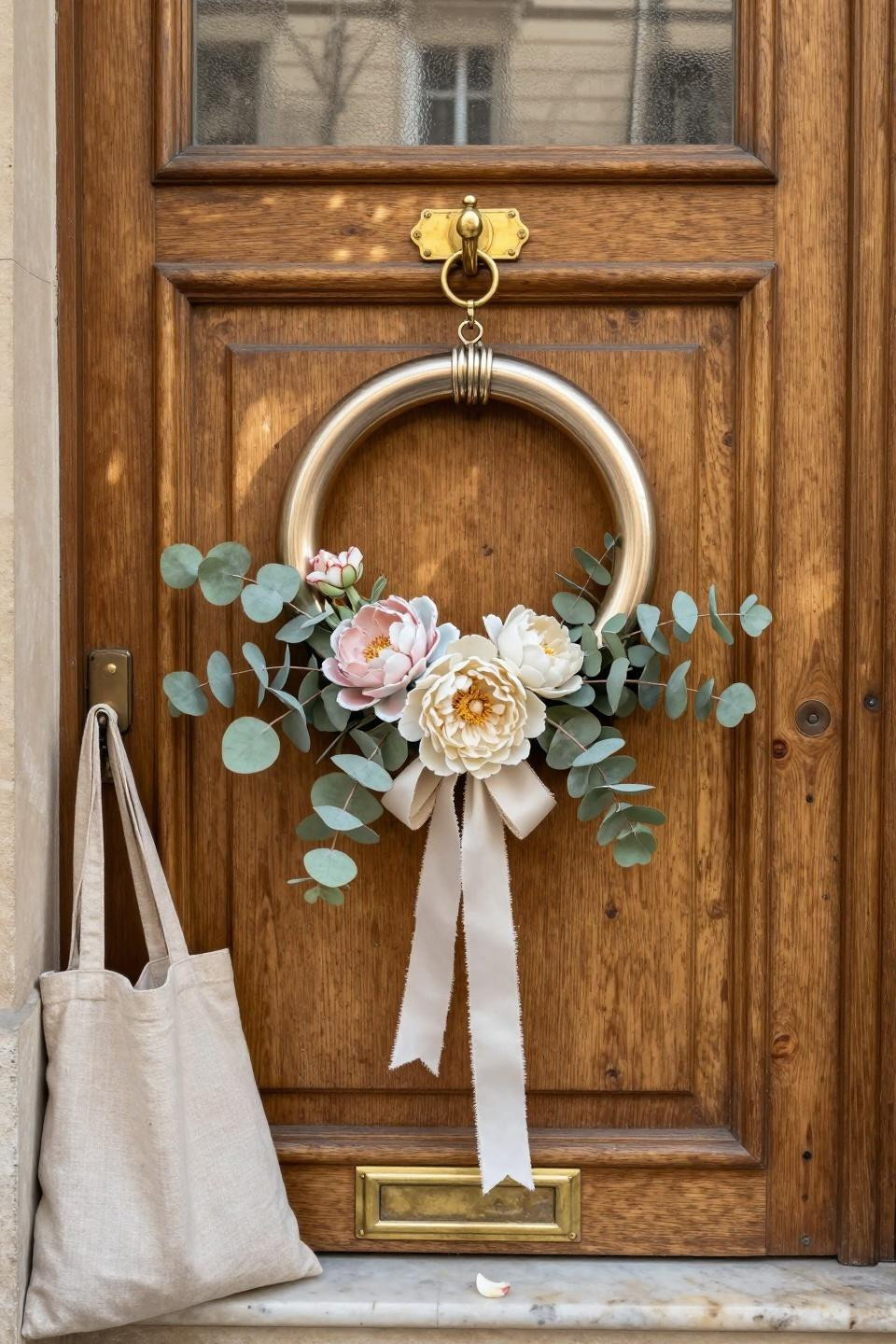 spring door hangers - brass hook with preserved eucalyptus and cream peonies