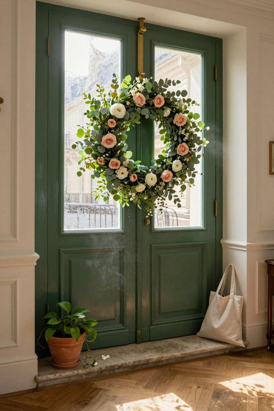spring door hangers - forest green door with large fresh botanical wreath