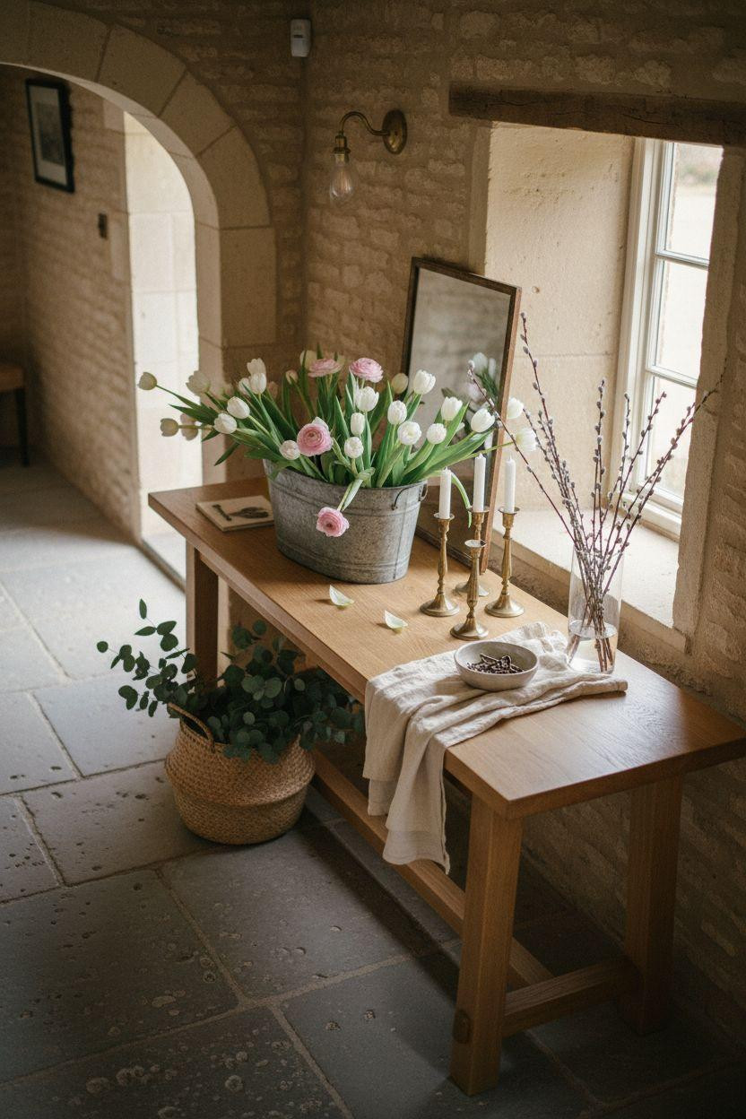 Spring Decorating Ideas For The Home - stone cottage entryway with zinc planter and brass candlesticks