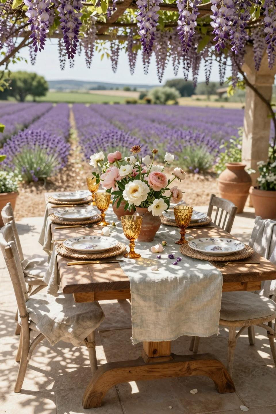 spring tablescapes - garden terrace table with roses in terracotta