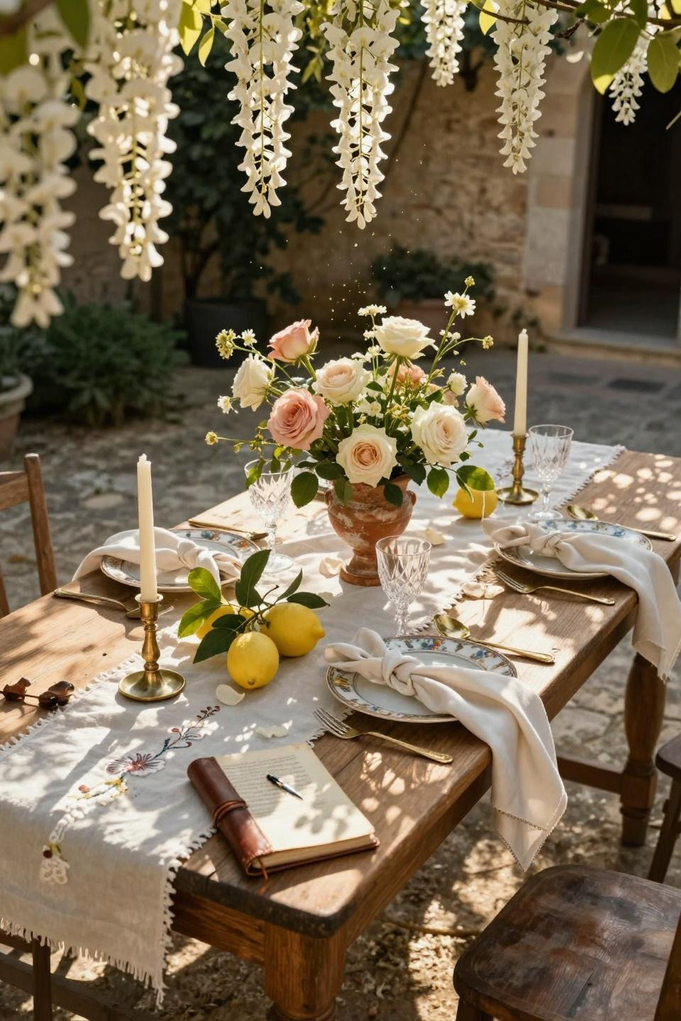 spring tablescapes - garden party table under wisteria with French porcelain