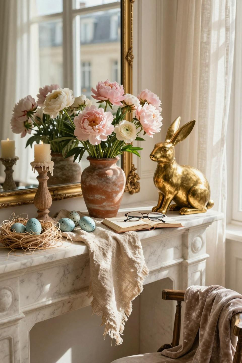 Spring mantel with brass bunny and speckled eggs