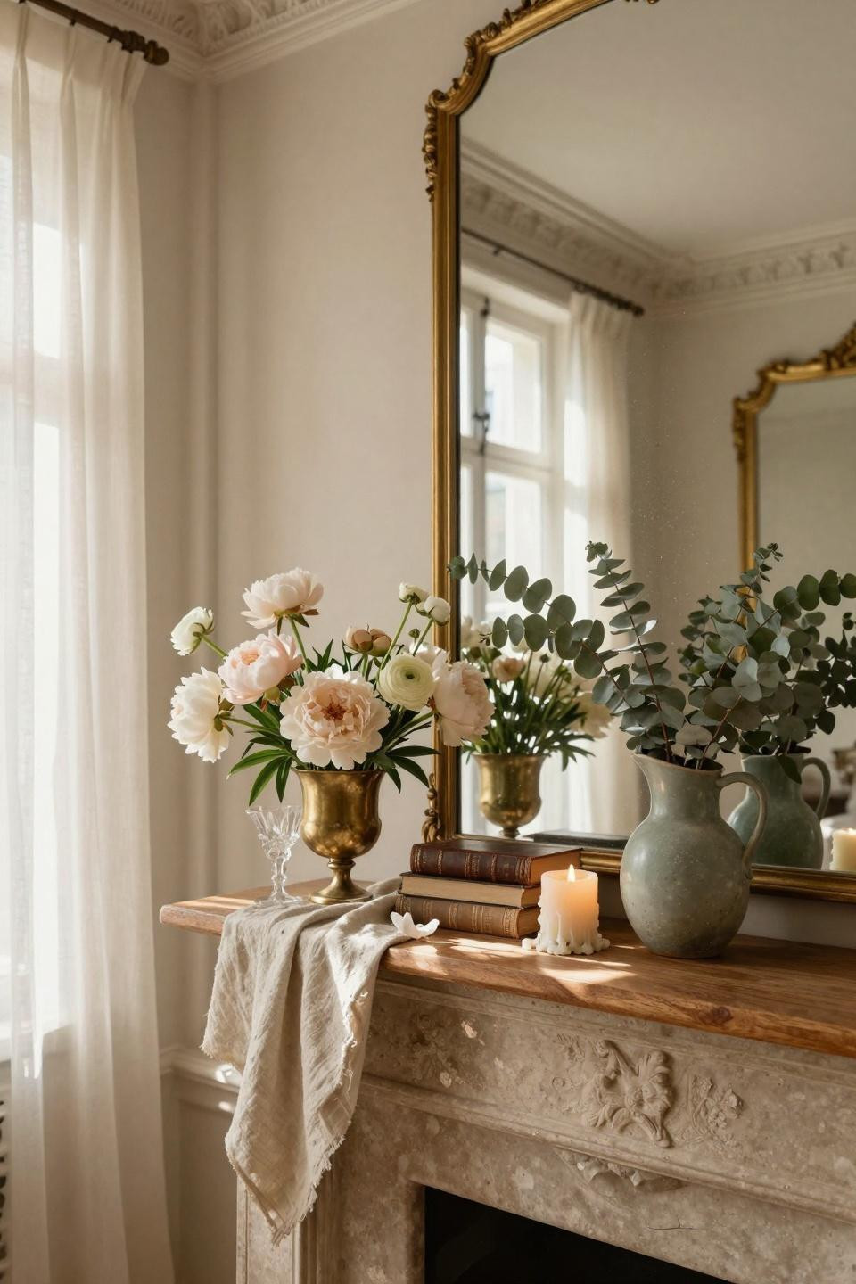 Spring mantel with blush peonies and brass urn