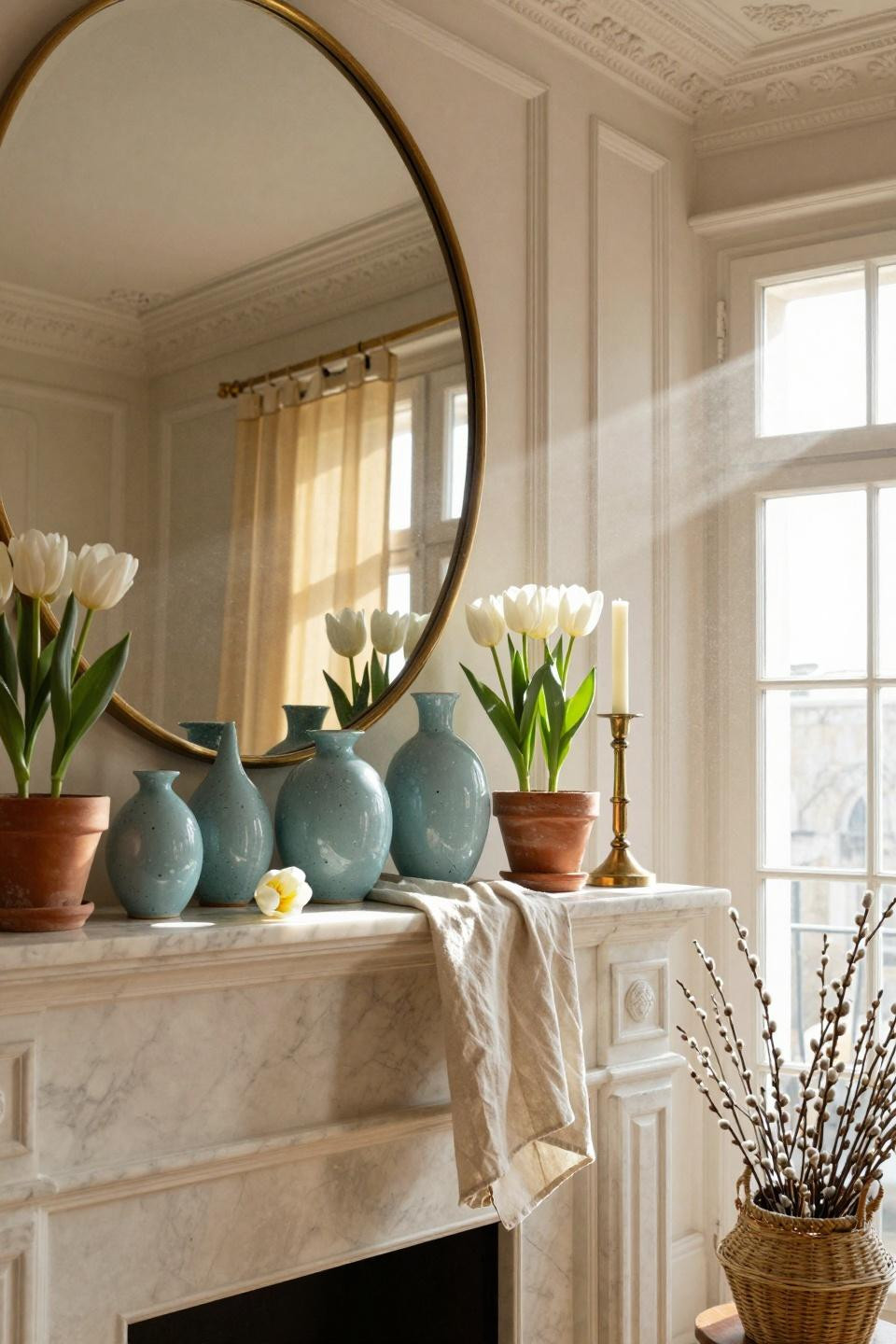 Spring mantel with robin's-egg blue vessels and white tulips