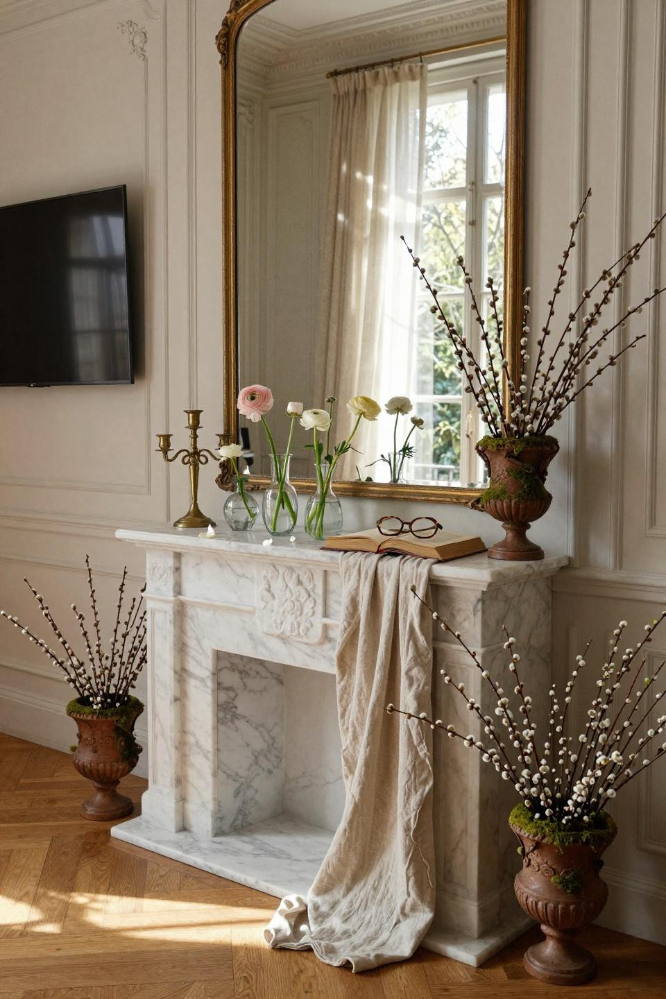 Spring mantel with TV and pussy willow branches