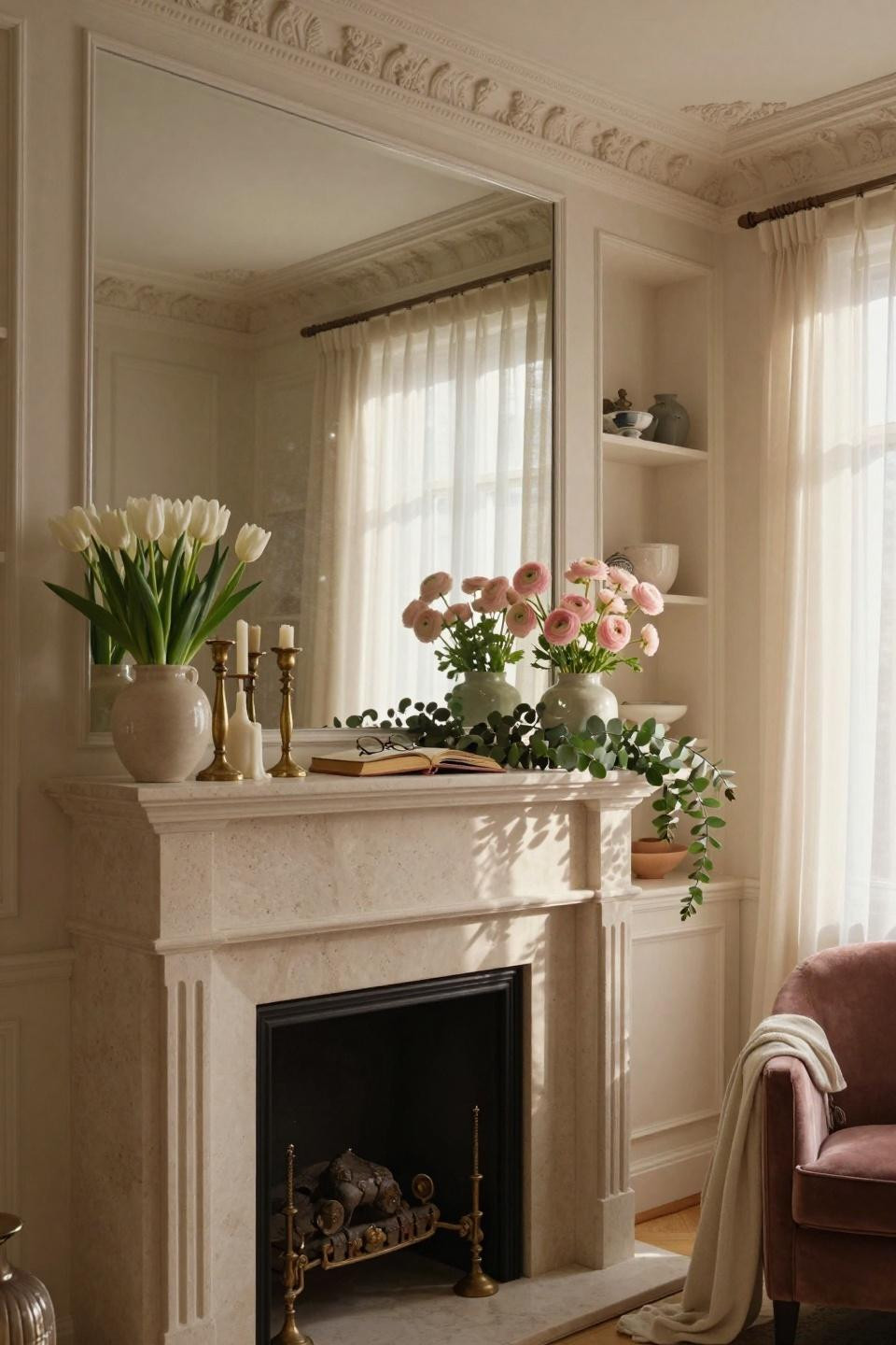 Spring mantel with white tulips and limestone surround