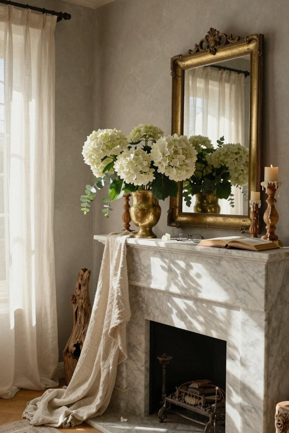 Spring mantel with white hydrangeas and brass mirror