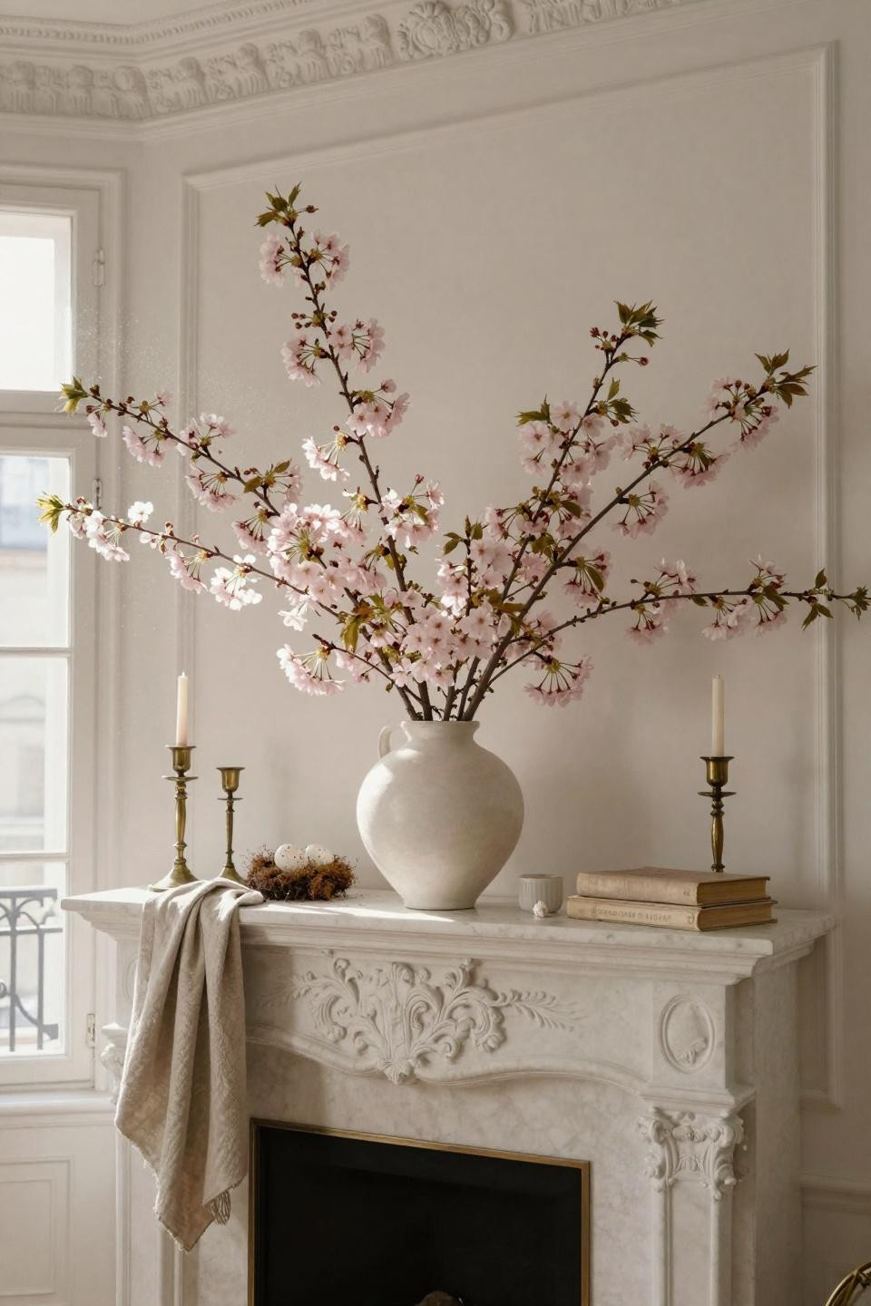 Spring mantel with asymmetric cherry blossoms