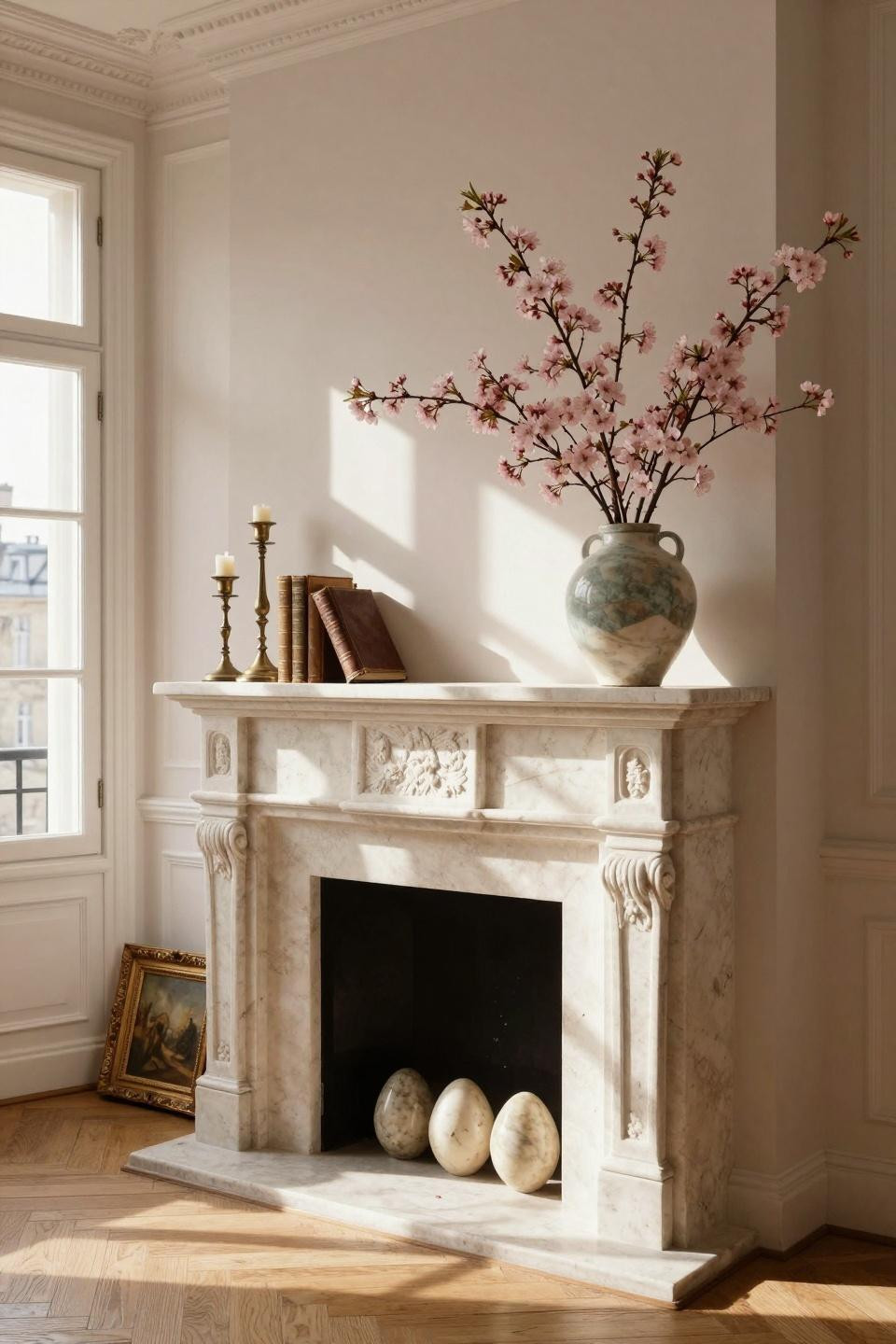 Spring mantel with cherry blossoms and vintage books