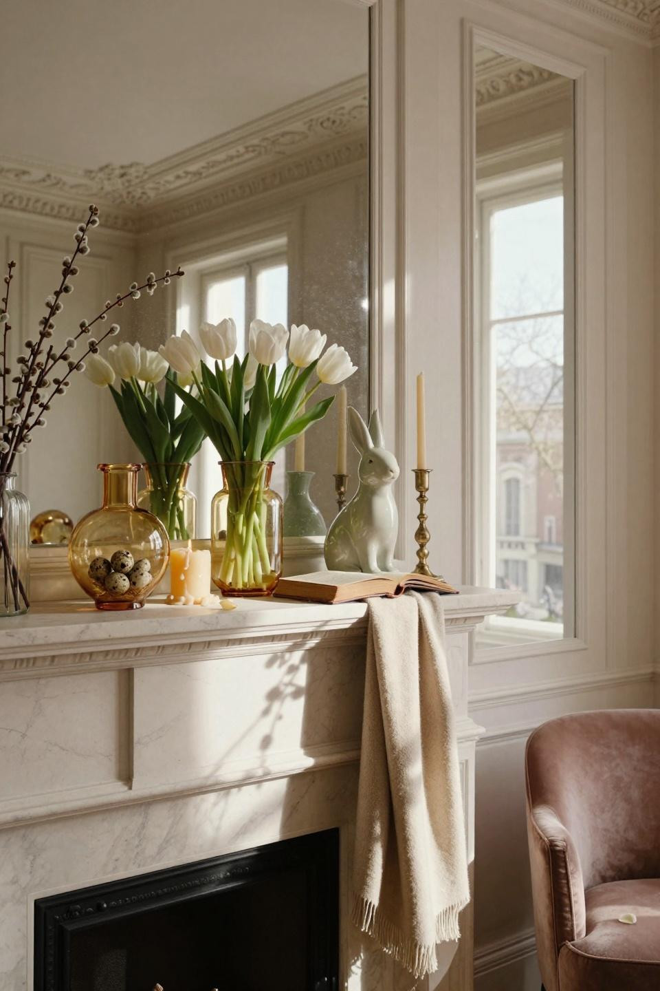 Spring mantel with sage ceramic rabbit and white tulips