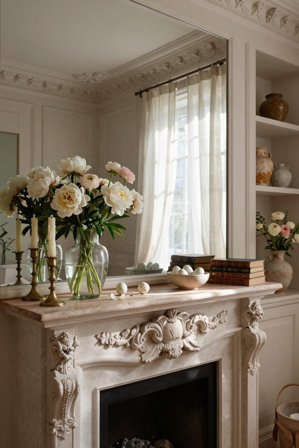 Spring mantel with white peonies and brass candlesticks