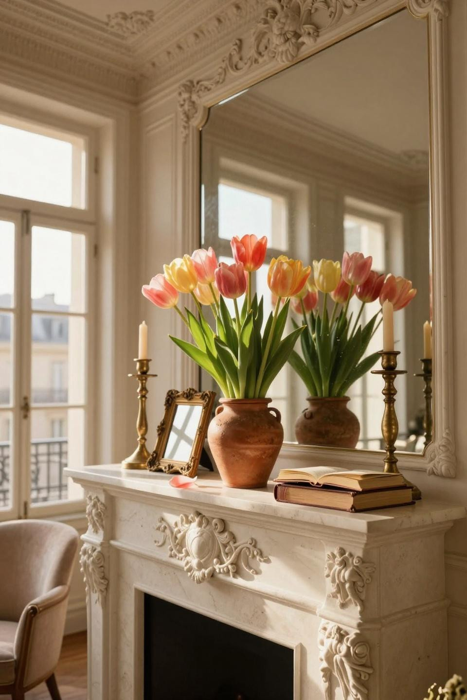 Spring mantel with coral and blush tulips