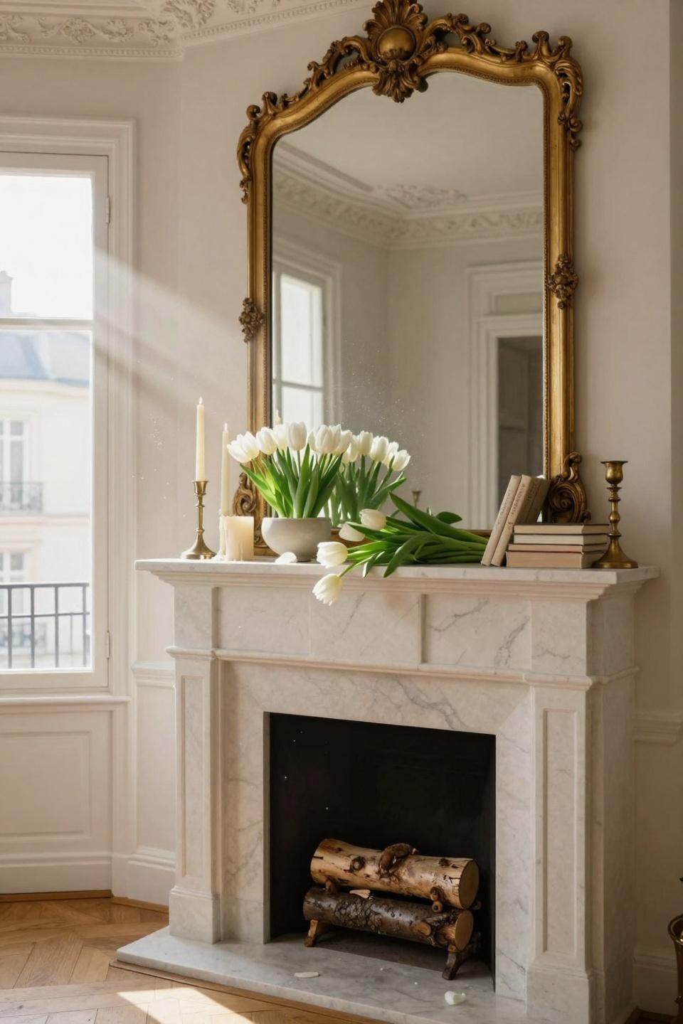 Spring mantel with white tulips and marble surface