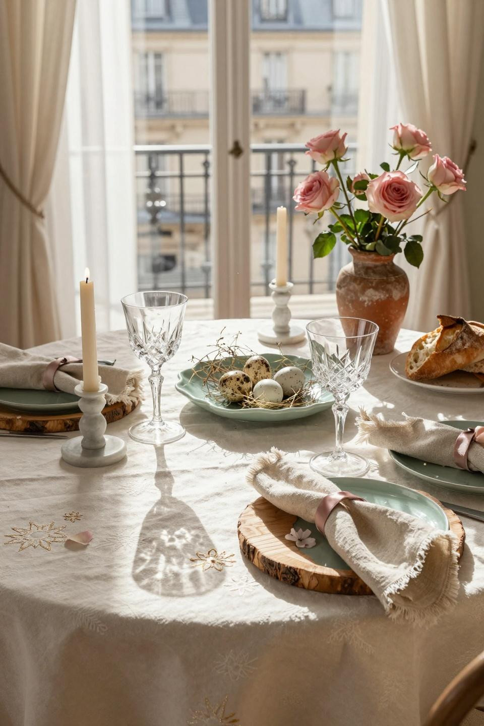 spring tablescapes - Easter table with speckled eggs and sage ceramics