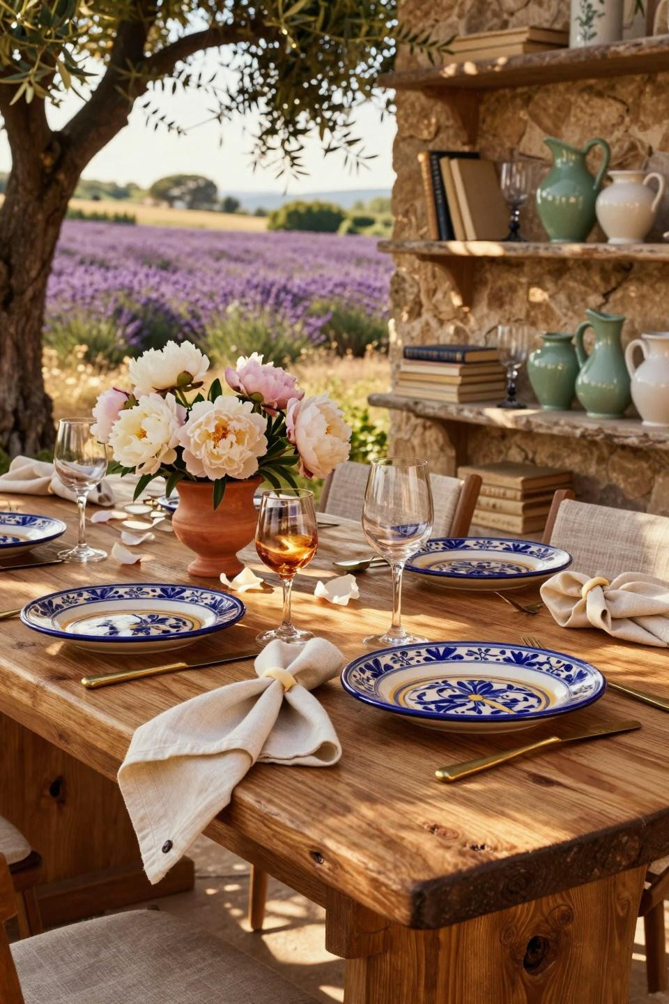 spring tablescapes - outdoor terrace setting with Italian majolica plates