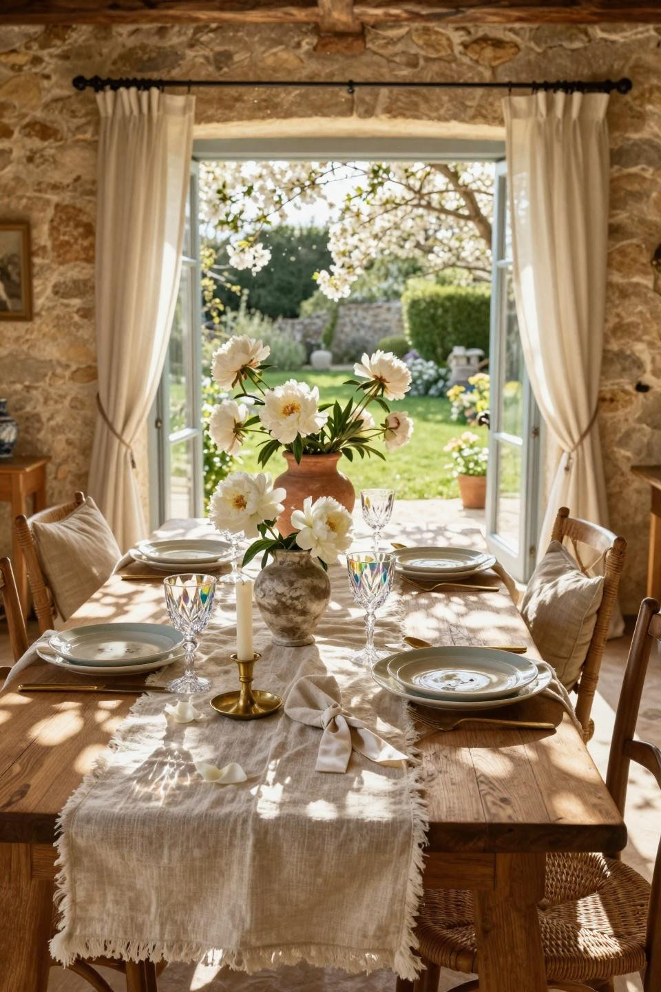spring tablescapes - outdoor farmhouse table overlooking gardens
