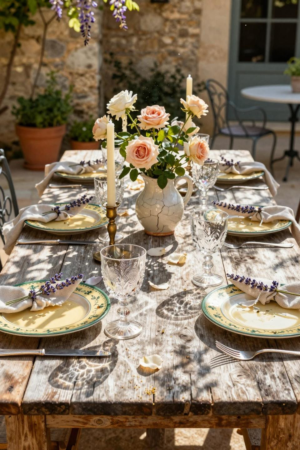 spring tablescapes - French farmhouse table with lavender and sage accents
