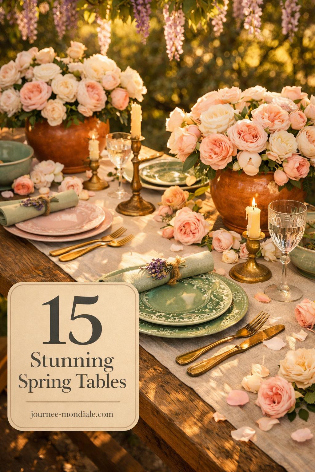 Elegant spring table setting with pastel florals, white dinnerware, linen napkins, and fresh garden blooms for outdoor dining